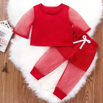 

Girls Set New Summer Clothes Fashion Mesh Splicing Long Sleeves+ Long Pants 2Pcs Anti-mosquito Children's Clothing Suit