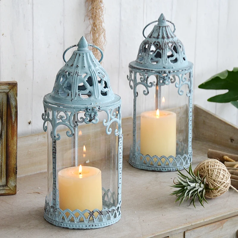 Retro Glass Hurricane Lantern Candle Holder Metal Home Decoration