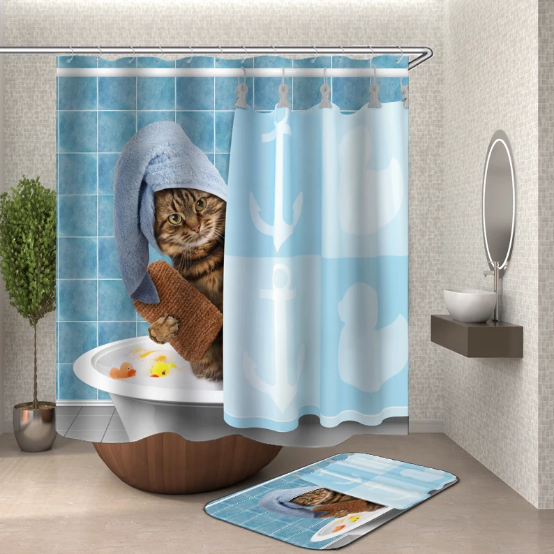 Забавные занавески для душа, занавески для ванной, домашний декор, водонепроницаемые занавески для душа, кошка, собака, 3d занавески для ванной комнаты или коврик - Цвет: HY135