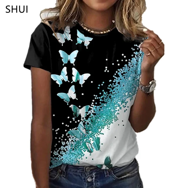 2021 New Butterfly Lady T-shirt 3D Floral Print Round Neck Casual Niche Design Sense Clothing Female Animal Series Short Sleeve YTR-3