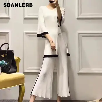 

Two Piece Sets Women 2019 Autumn V-neck Split V-neck Knitted Sweater +wide Leg Pants