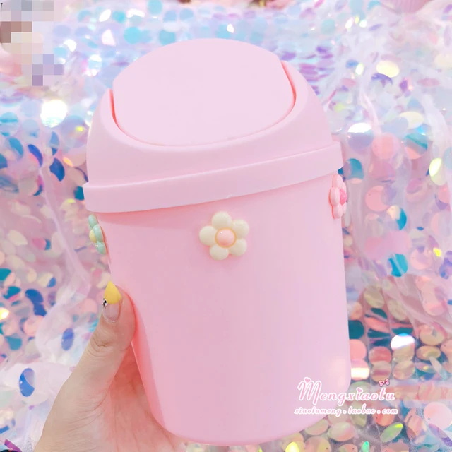 Kawaii Pink Strawberry Flower Waste Bin Desktop Portable Plastic Mini Shake  Cover Garbage Basket Sakura Home Bedroom Trash Can - Waste Bins - AliExpress