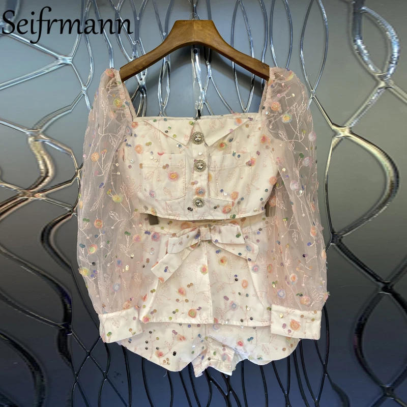 Seifrmann New 2021 Summer Women Fashion Runway Shorts Set Lantern Sleeve Short Tops + Bow Beading Printed 2 Pieces Suits |