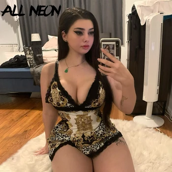 

ALLNeon Vintage Deep V Sexy Spaghetti Strap Party Dress Printing Slit Hem with Lace Bodycon Mini Dresses Chic Ladies Yellow Robe