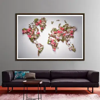 

150x225cm Non-woven DIY World Map Made With Beautiful Flowers For Home Office Wall Decor
