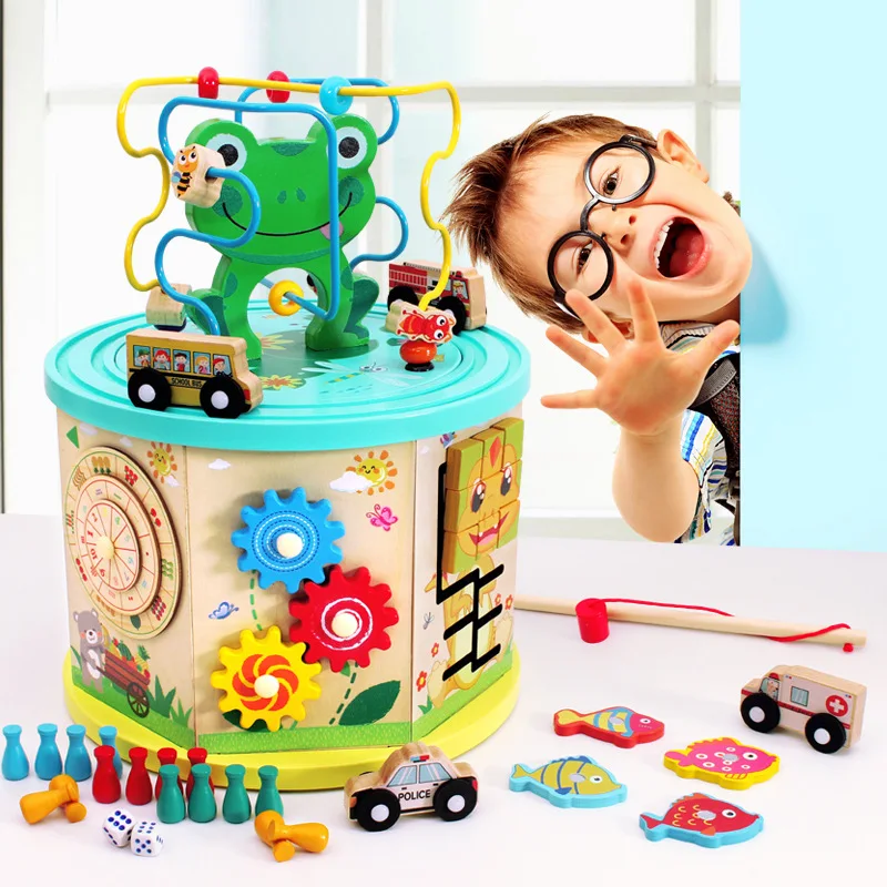 

Baby Bead-stringing Toy Wood Seven Surface Multi-functional Large Bead-stringing Toy Treasure Chest Children 2-3-4-a Year of Age