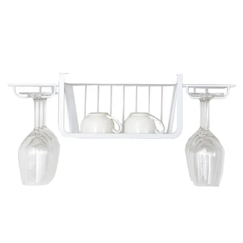 

Hot Creative Iron Stemware Hanger Wine Glass Holder Stemware Rack Shelf Hanging Under Cabinet Holder Hanger Storage Rack - White