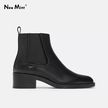 

2020 Autumn Winter Ankle Boots for Women Leather Chelsea Boots Women Chunky Heels Ladies Shoes Brand Designer Woman Booties