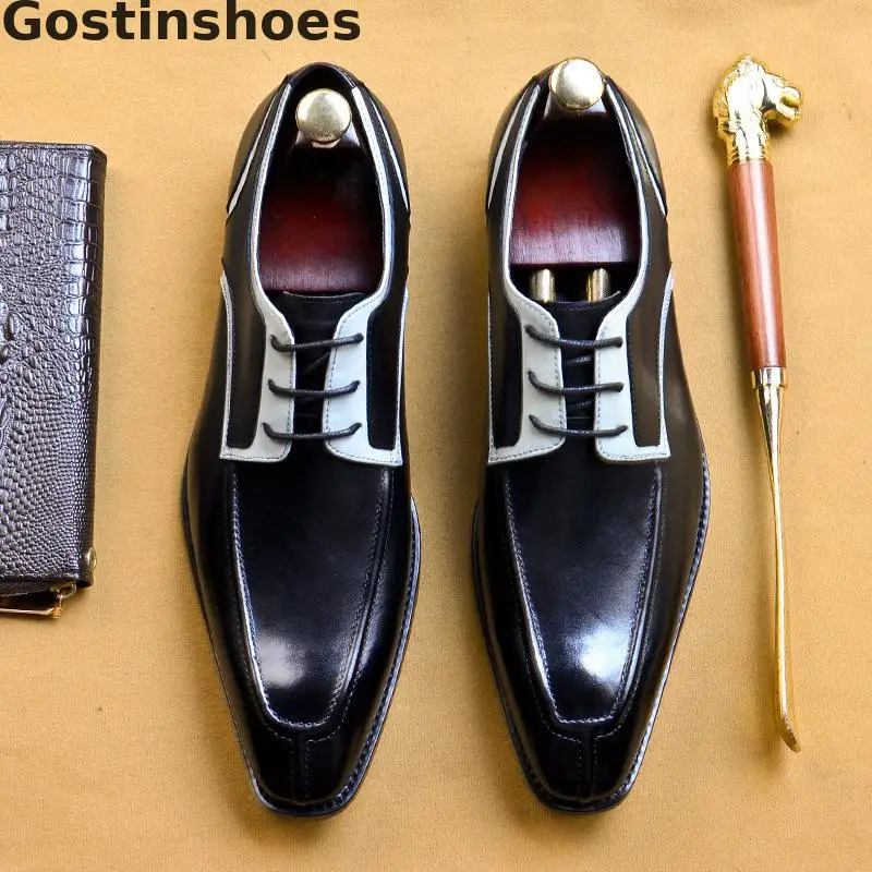 

New Mens Shoes Genuine Leather Mixed Color Black Brown Formal Derby Shoes For Men Lace-up Pointed Toe Dress Leather Shoes Men