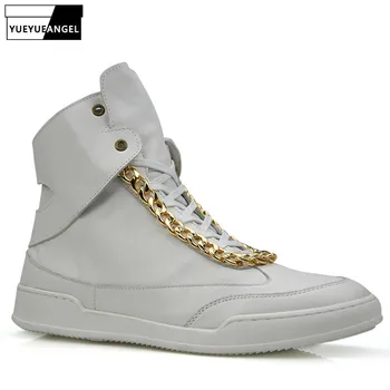 

Punk Style Winter Brand High Quality Lace Up Genuine Leather Mens Casual Shoes Male Footwear Chain Shoes Top High Flats White