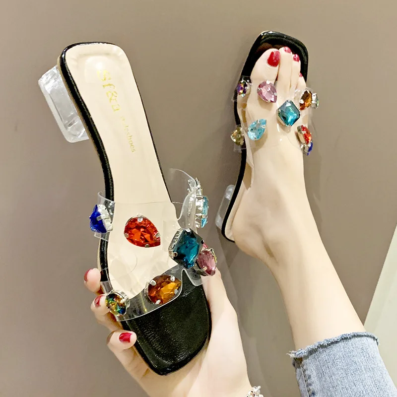 

2019 Summer New Style Korean-style Transparent Fashion Colorful Crystals Semi-high Heeled Anti-slip Versatile Line-styled Chunky