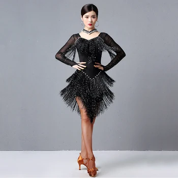 

2020 Women Dance Wear Ballroom Dress Samba Costume Party Dresses Sheer Mesh Stretchy Fringes Latin Dress (with Necklace)
