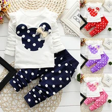 Детское нижнее белье с Минни; костюм для маленьких девочек; одежда с длинными рукавами+ брюки; комплект детской одежды с Микки Маусом; комплект одежды в горошек для девочек