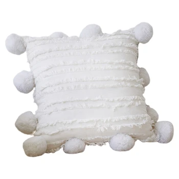 

Solid Color Throw Pillow Case Pompom Fringe Striped Jacquard Cushion Cover Decor D0LD