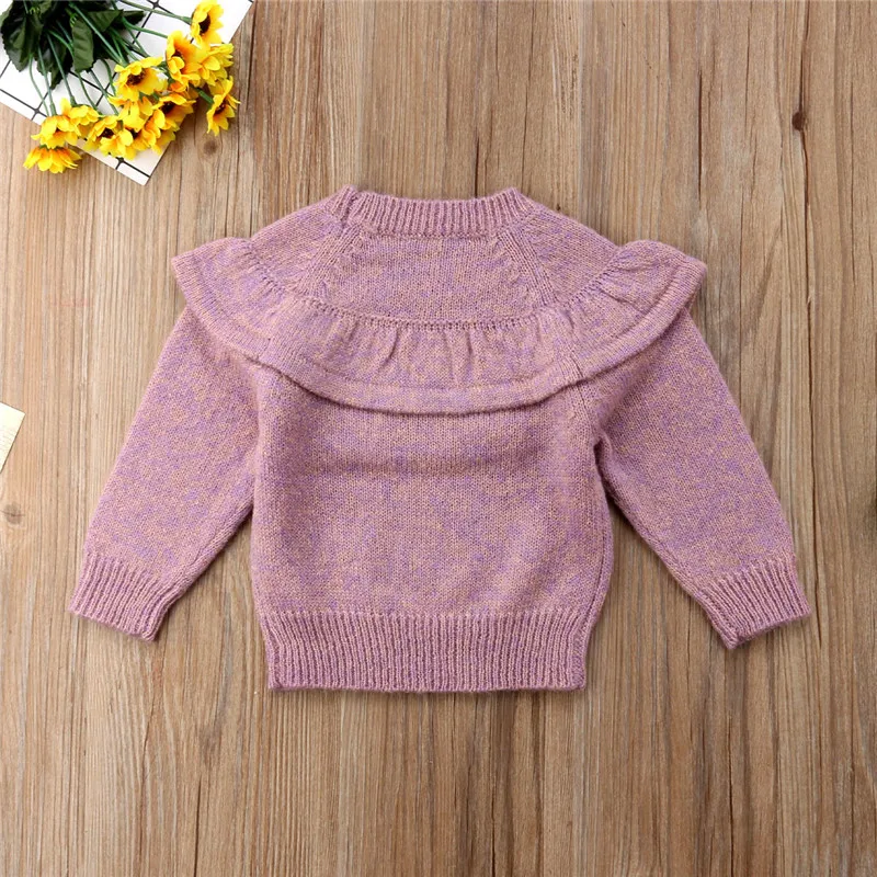 Осенне-зимний свитер для маленьких девочек, топы с длинными рукавами, однотонный пуловер с оборками, топы, От 0 до 3 лет