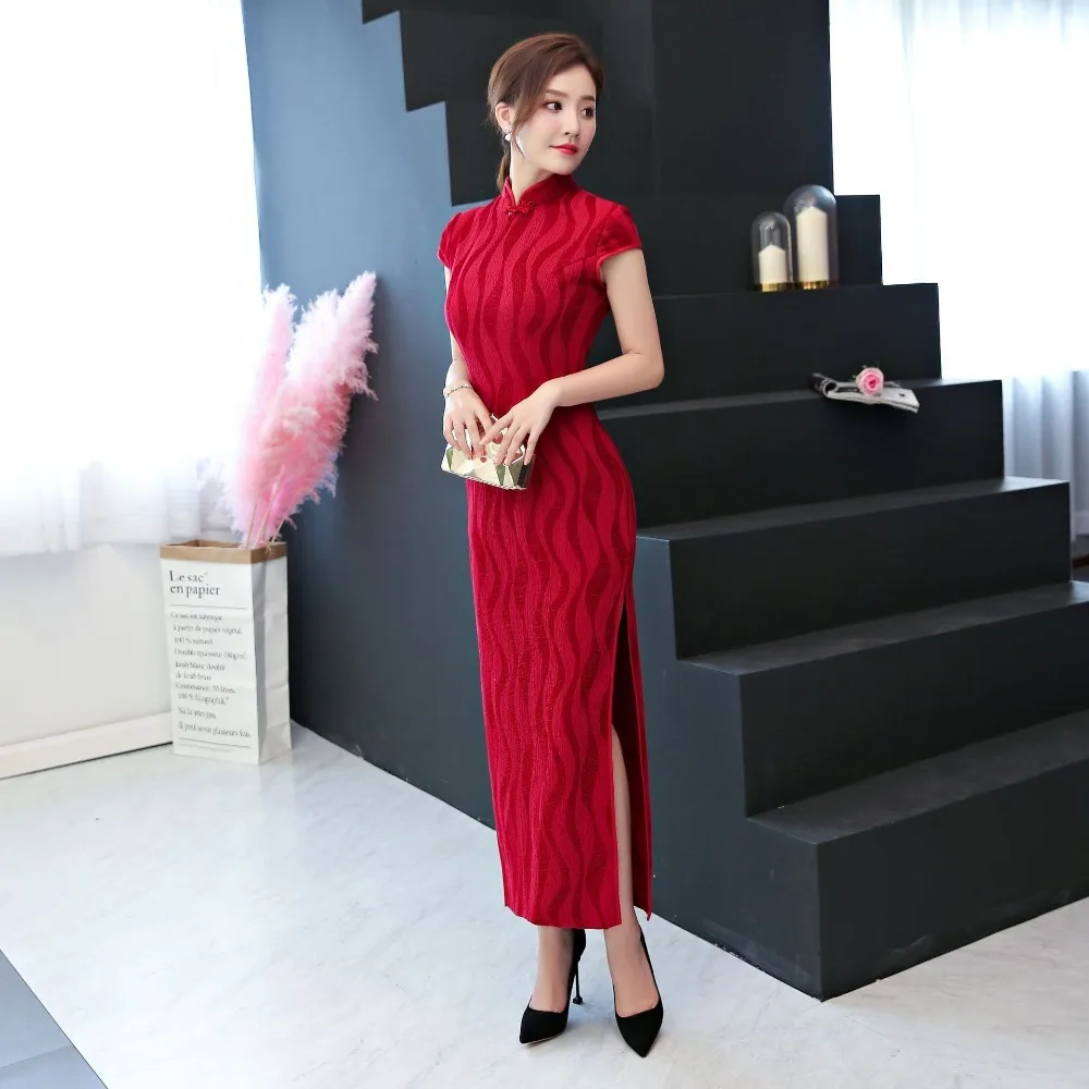 2019 пикантные китайские для женщин Cheongsam платья для длинные стиль элегантный бархат Атлас Forking Qipao традиционные китайский Танг Вечерние