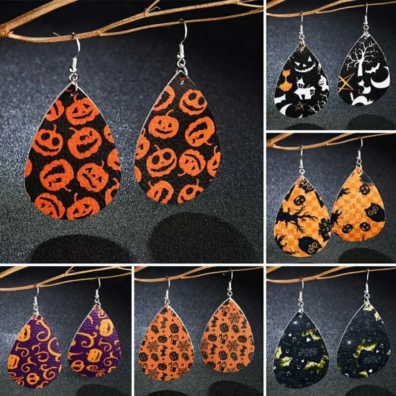 Halloween Women Teardrop Leather Hook Earrings Ear Drop Dangle Jewelry Christmas