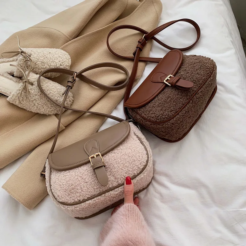 

Fashion Plush Small Bag Female Autumn Winter New Style Messenger Bag Lamb Hair Leather Square Bags For Women Shoulder Handbags