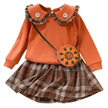 

2-7T New Autumn Baby Girl Long Sleeve Cotton Flower Pattern Sweatshirts Top+Plaid Short Skirts+Crossbody Bag Casual Outfits Set