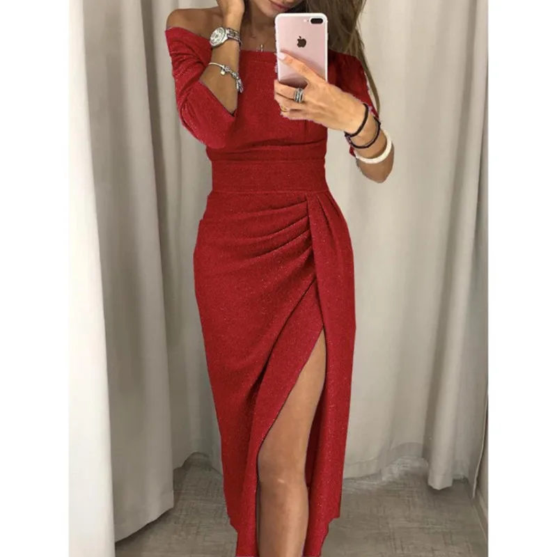 

Women's Elegant Slit Dress Office Ladies Slash Neck Long Sleeve Maxi Split Vestidos 2020 Autumn New Sparkling Party Club Dresses