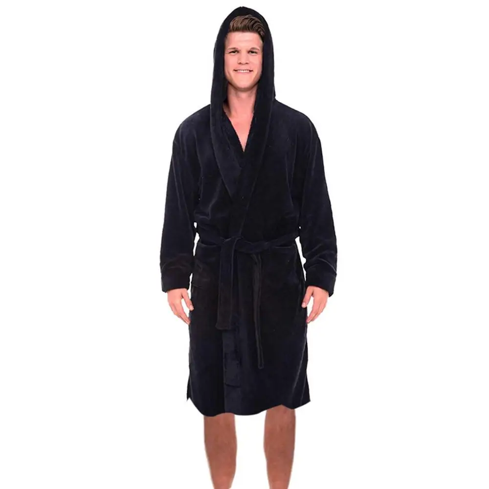Мужские зимние теплые халаты толстые удлиненные плюшевые шаль халат кимоно домашняя одежда для сна с длинными рукавами пеньюар мужской Халат - Цвет: Black