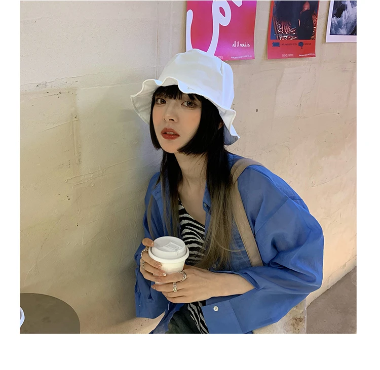 kate spade bucket hat Fisherman hat Female White Casual Lotus Leaf Fold Lace Bucket hat Simple Wide-brimmed Face Small Sun hat Summer Breathable hat cow bucket hat