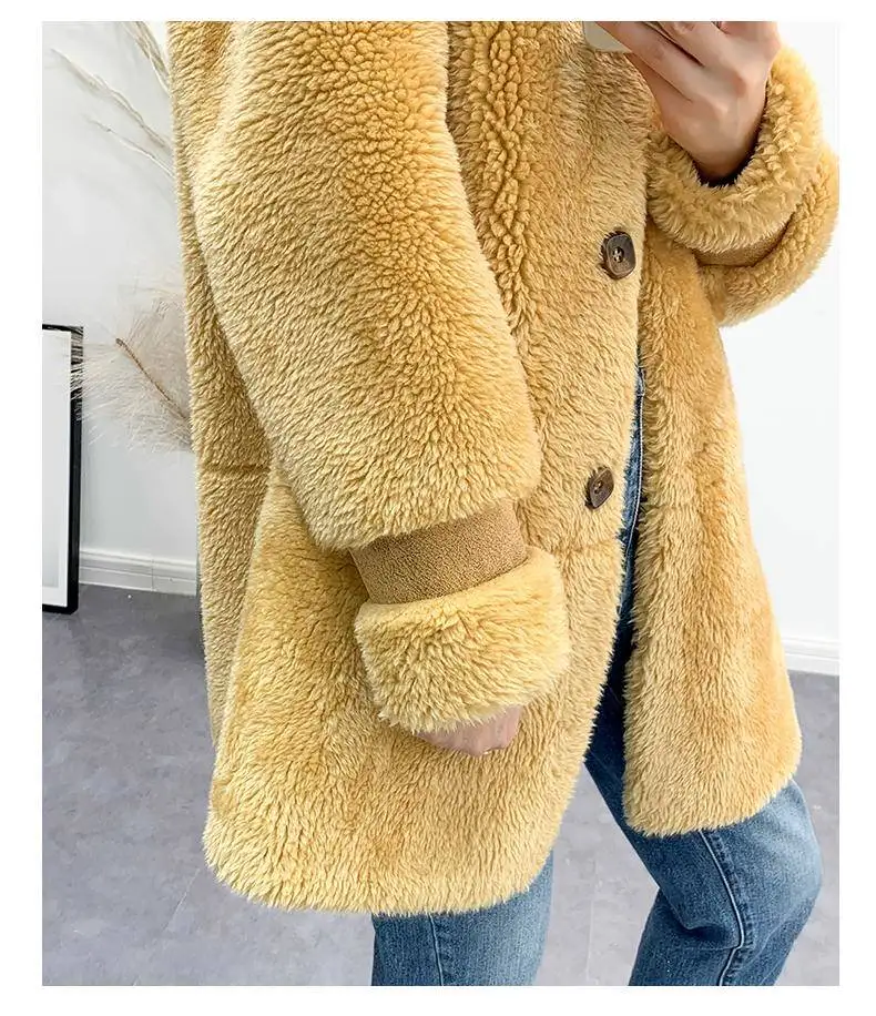 Женское желтое шерстяное пальто; сезон осень-зима; пушистое плюшевое пальто из искусственного меха