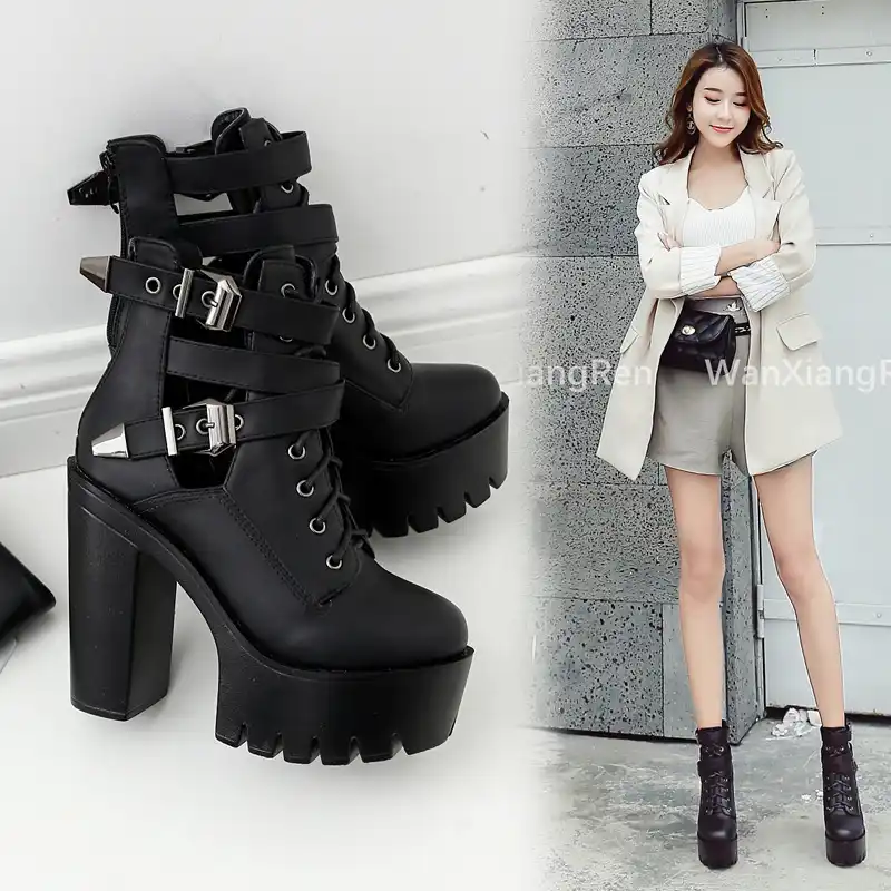 Botas cortas gruesas con plataforma impermeable para mujer, zapatos de tacón  alto|Botas hasta el tobillo| - AliExpress