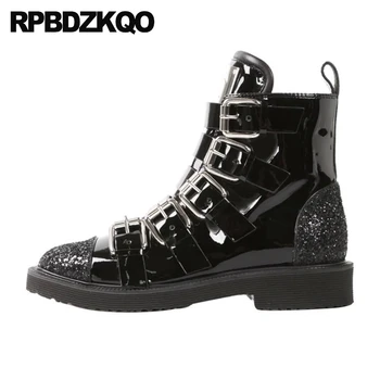 

patent leather sequin shoes metal military ankle black british combat army side zip boots biker motorcycle chunky glitter women
