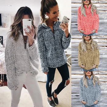 

Hot Sale Explosion 2020 Autumn and Winter Fashion Turtleneck Long-Sleeve Zipper Ladies Blouse Plush Coat 100145