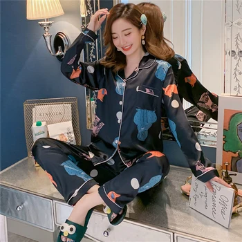 

Satin pjs sets For Women Silk Pajamas ladies Long Sleeve luxurious nightwear Femme Cute Long Top and Pants Sleepwear Pijama suit