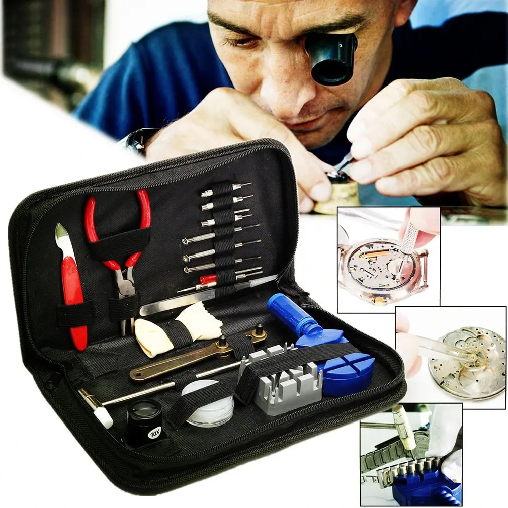 

19pcs/set Practical Watch Repair Tool Kit With Storage Bag Magnifier Band Holder Case Opening Knife Band Link Pin Remover Hot