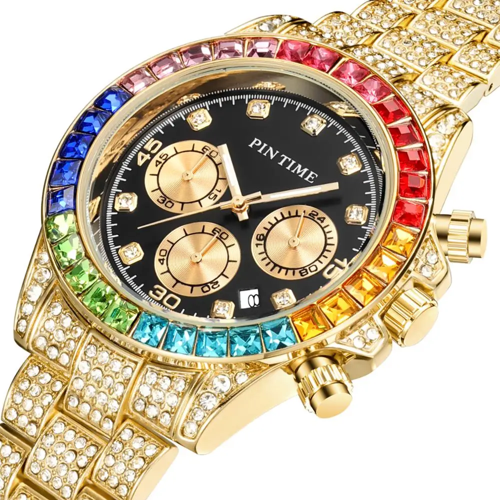 Часы PINTIME Diamond Iced Out мужские лучший бренд Роскошный хронограф стальные золотые