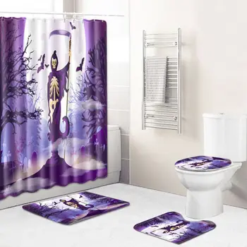 

Halloween Shower Curtains Bath Mat Set Waterproof Polyester Bathroom Set With Hooks Polyester Bathroom Decor Pumpkin Shower