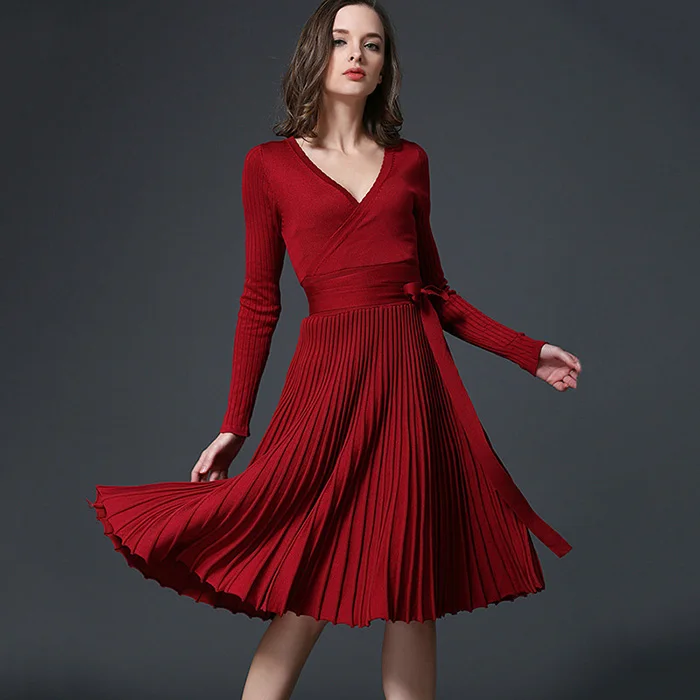 Voobuyla Элегантное зимнее весеннее платье новые офисные платья для женщин декоративные пояса v-образный вырез сплошной один размер Винтаж Vestidos - Цвет: Wine Red