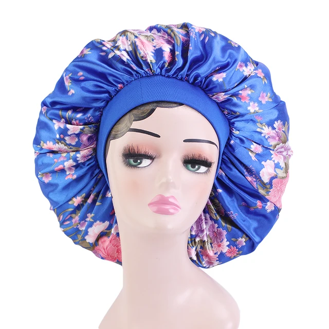 New Women Big Size Beauty print Satin Silky Bonnet Sleep Night Cap Head Cover Bonnet Hat for For Curly Springy Hair Black 408E Royal blue