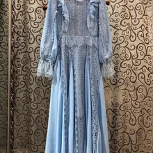 Новейшее модное дизайнерское длинное платье, весенние вечерние женские платья с круглым вырезом и вышивкой, голубое Макси платье в стиле пэчворк
