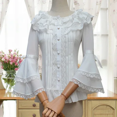 Винтажное готическое платье лолиты, блузка для чая, вечерние, с расклешенными рукавами, кружевная женская шифоновая рубашка с воланом и гофрированным воротником