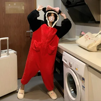 

Women All in One Winter Warm Splice Pyjama Cartoon Onesies One Piece Pijama Hooded Sleepwear Kugurumi Homewear Women Cute