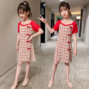 

Summer new 5-11 year old girl in the big boy hand-made buckle lattice simple fashion retro cheongsam princess dress tide