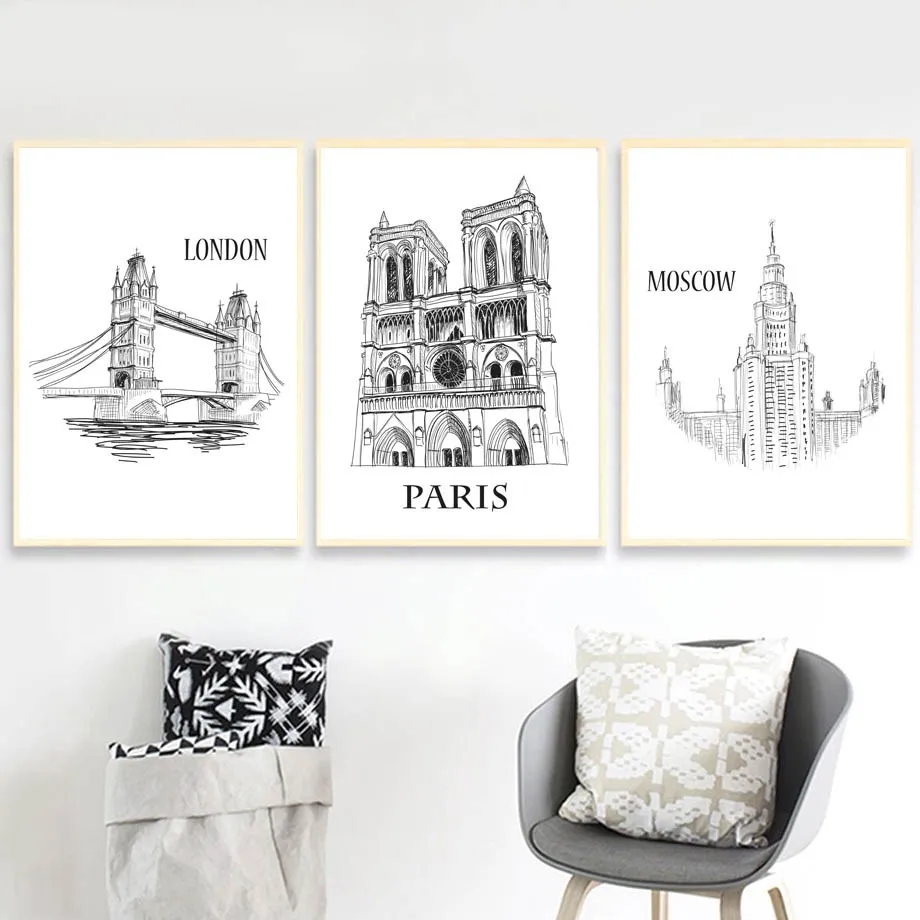 Nordic-Black-White-Modern-Art-Decor-Paris-Moscow-London-Poster-Quality-Canvas-Painting-Wall-Decor-Picture