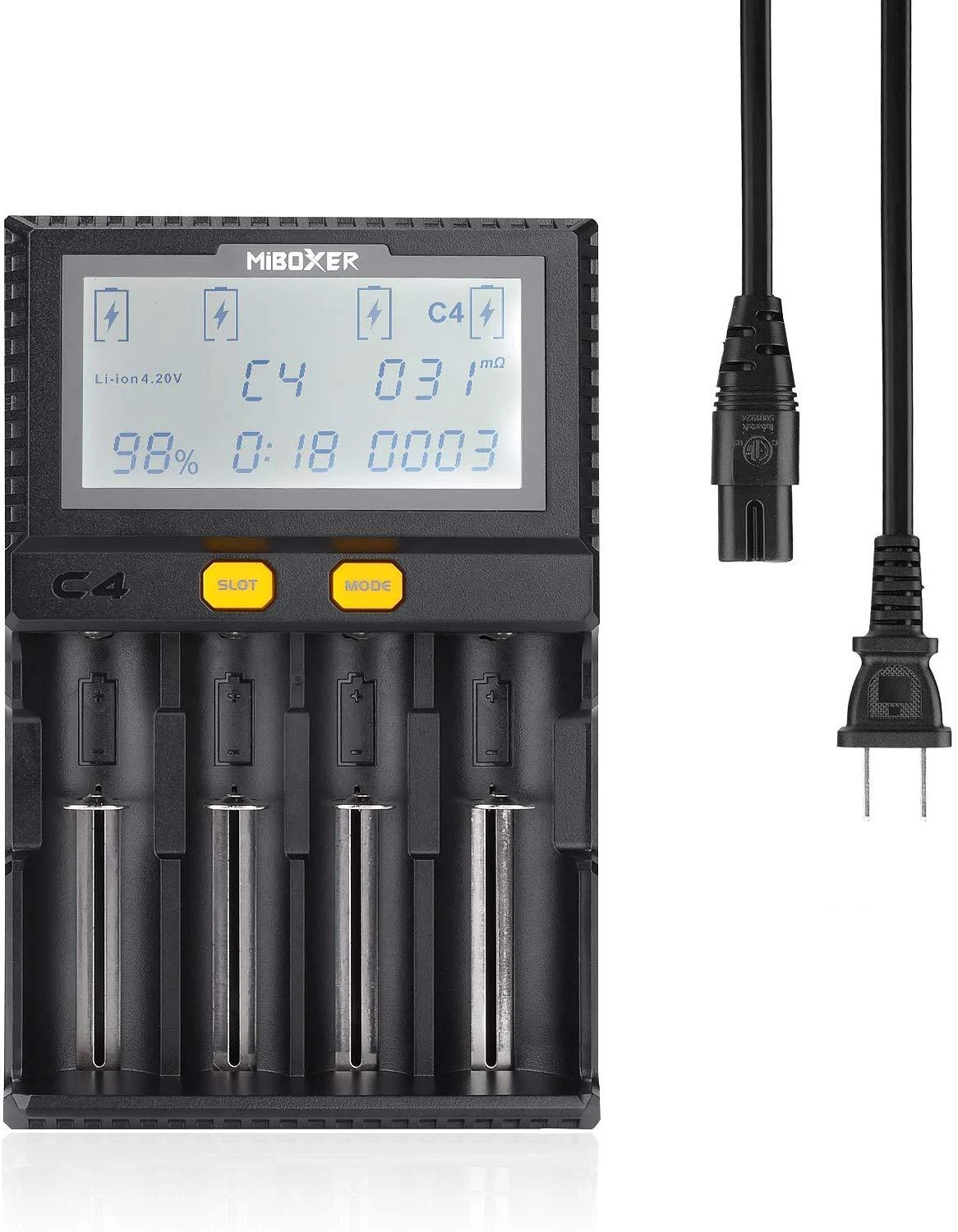 18650 Battery Charger,MiBOXER Smart Universal 4-Bay Automatic LCD Display,Fast Charging Rechargeable Li-ion LiFePO4 Ni-MH Ni-Cd AA AAA C 26650 18350 17670 18700 21700 20700 RCR123,Fire Protection