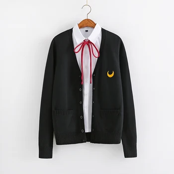 

Japanese JK uniform Sweater Jacket Cute Moon Embroidery Cardigan Outwear Teen Girls Winter Casual Long sleeve Coat Preppy Style