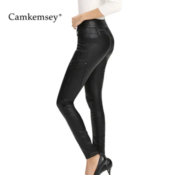 

S-4XL Plus Size High Waist Stretch Skinny PU Leather Pants Women Autumn Winter Motorcycle Zippers Casual Black Leather Pants