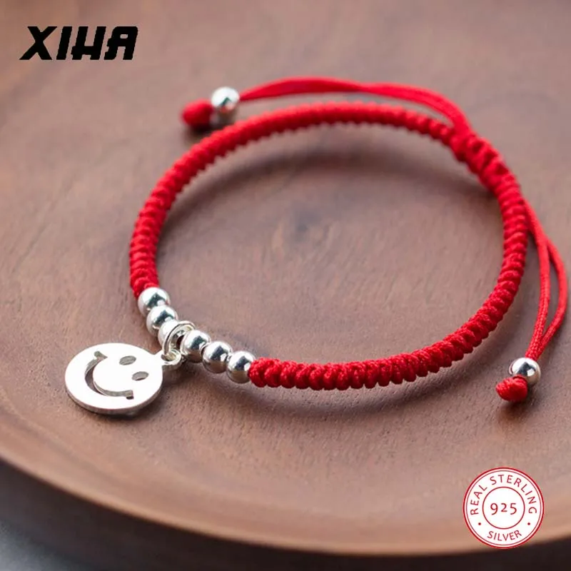 Счастливый Регулируемый браслет с красной нитью, с бусинами и шармом, смайлик, 925 пробы, серебряная плетеная веревка, детские браслеты для девочек