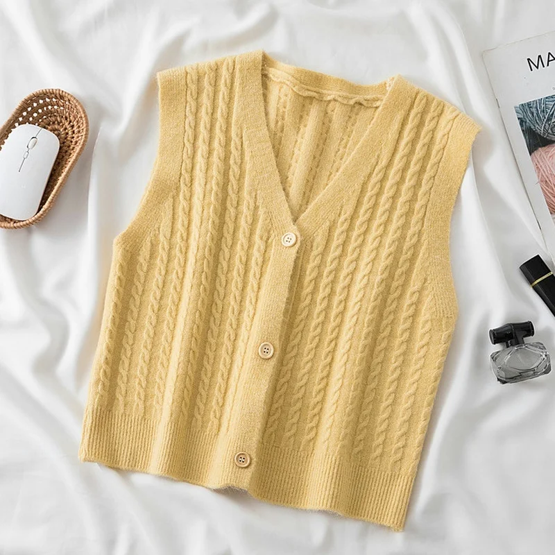 

Cute Loose Knitted Sweater Vest Autumn Winter V-neck Twist Wool Sweater Vest Female Casual Solid Cardiagn Sweaters Jacket 17023
