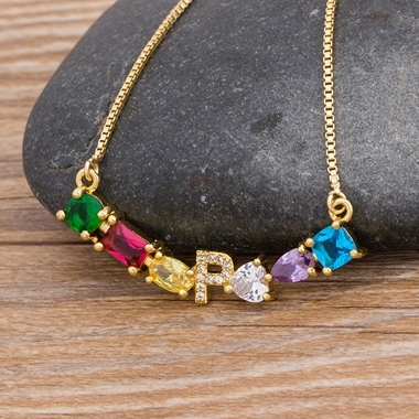 New Design Luxury Initial Alphabet A-Z Letters Charm Rainbow Pendant Necklace Copper Zirconia Choker Family Jewelry Gift