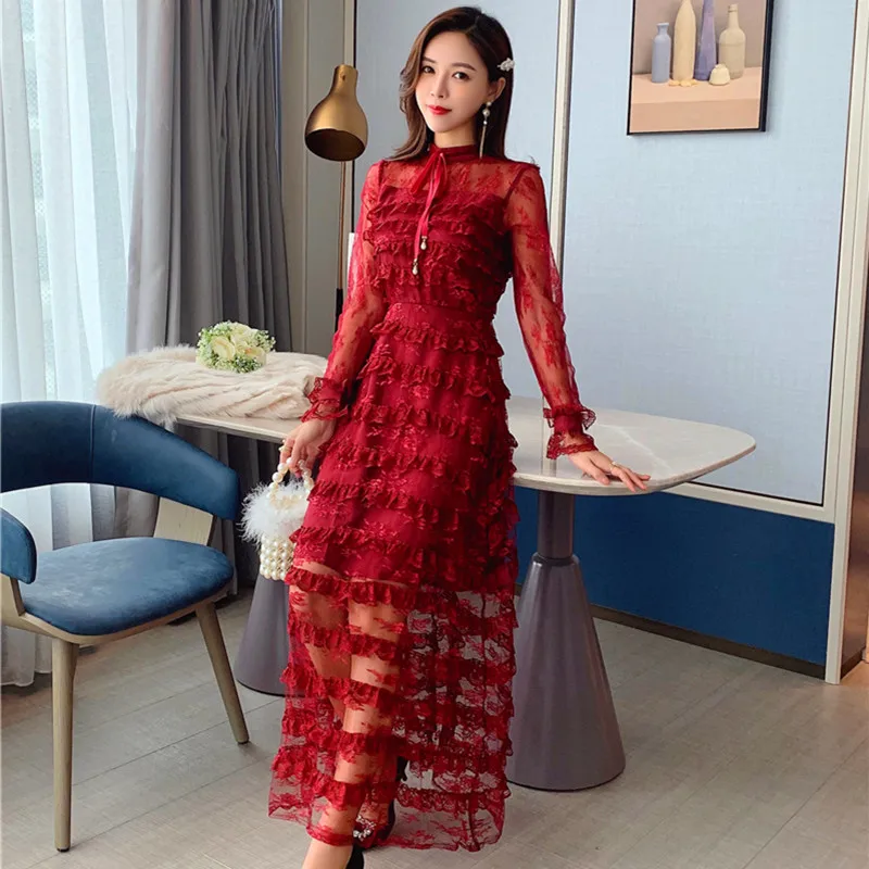 

2020 Runway New Elegant Mesh Lace Dress Women Long Sleeve Splicing Layered Ruffles Cake Long Dress OL Women Party Dresses