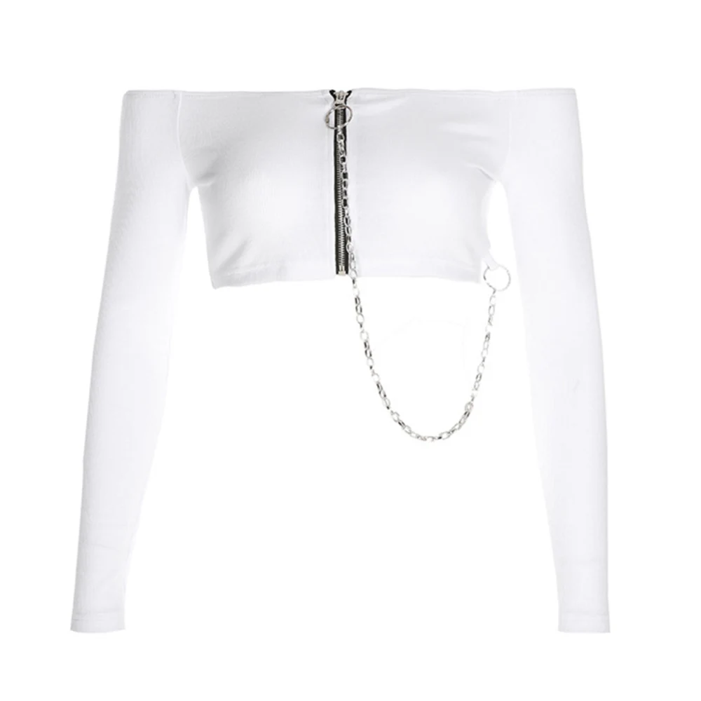 

New Autumn Women Off Shoulder T-shirt Metal Chain Zipper Long Sleeve Top Ladies Sexy Shirts Cropped Fashion Ribbed White T Shirt