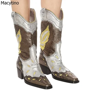 

Bohemian Mid-calf Boots Women Wing Dec Shoes Woman Color Block Cowgirl Boots Vintage Slip On Low Heel 4CM Short Bootie 2019 New